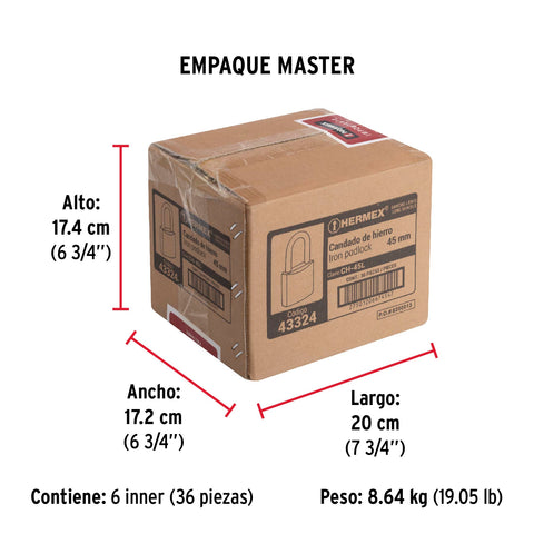 Candado de hierro 45 mm gancho largo en caja, HERMEX | CH-45L | 43324