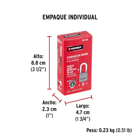 Candado de hierro 45 mm gancho largo en caja, HERMEX | CH-45L | 43324