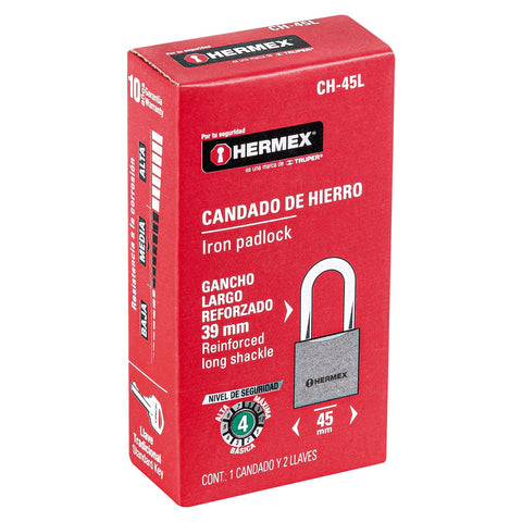 Candado de hierro 45 mm gancho largo en caja, HERMEX | CH-45L | 43324