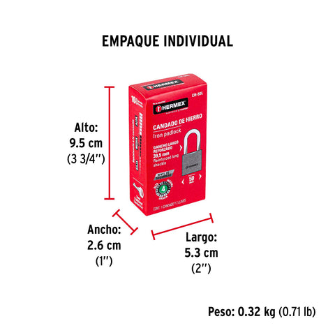 Candado de hierro 50 mm gancho largo en caja, HERMEX | CH-50L | 43325