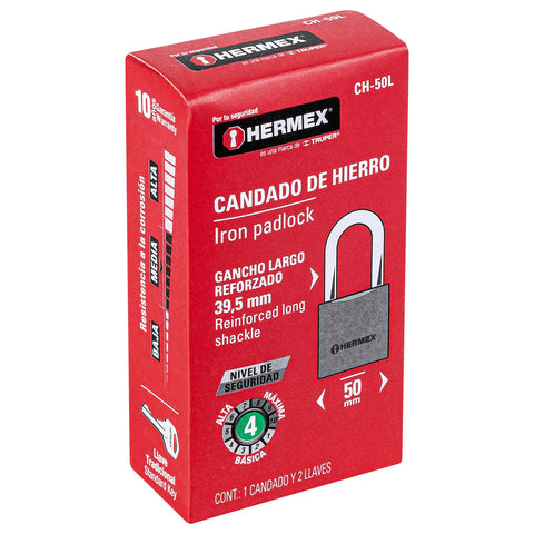 Candado de hierro 50 mm gancho largo en caja, HERMEX | CH-50L | 43325