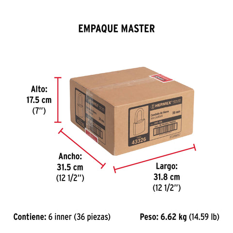 Candado de hierro 38 mm gancho largo en blíster, HERMEX | CHB-38L | 43326
