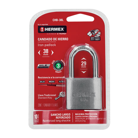Candado de hierro 38 mm gancho largo en blíster, HERMEX | CHB-38L | 43326