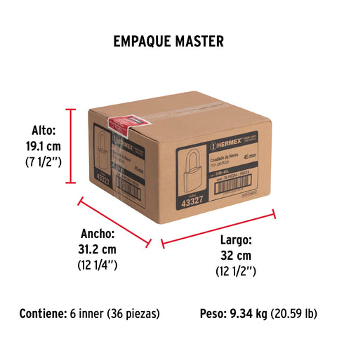 Candado de hierro 45 mm gancho largo en blíster, HERMEX | CHB-45L | 43327