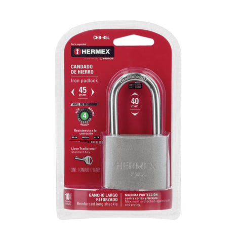 Candado de hierro 45 mm gancho largo en blíster, HERMEX | CHB-45L | 43327