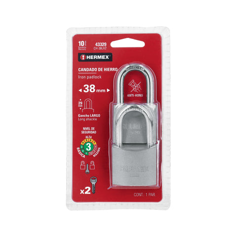Blíster con 2 candados de hierro de 38mm con gancho largo | CH-38LX2 | 43329