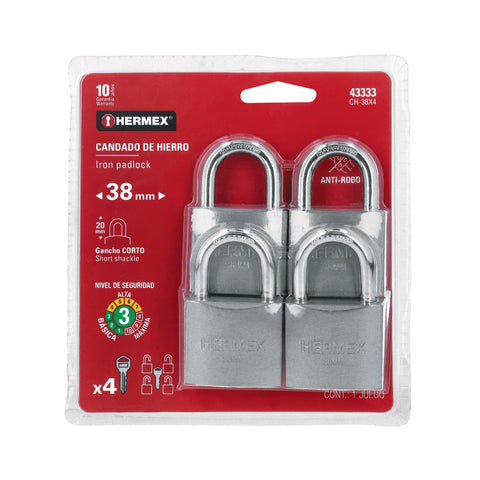 Blíster con 4 candados de hierro de 38mm con gancho corto | CH-38X4 | 43333