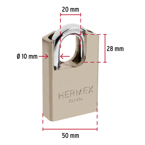 Candado de acero, máxima seguridad, 50mm, llave anti-ganzúa | CAI-50A | 43334