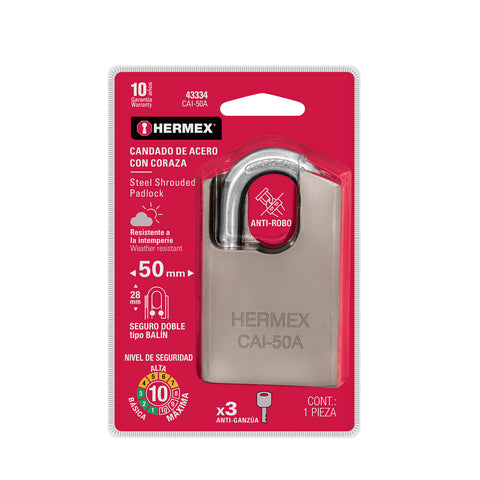Candado de acero, máxima seguridad, 50mm, llave anti-ganzúa | CAI-50A | 43334