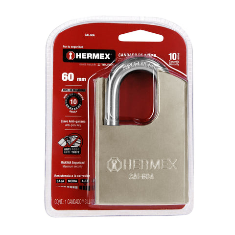Candado de acero, máxima seguridad, 60mm, llave anti-ganzúa | CAI-60A | 43335