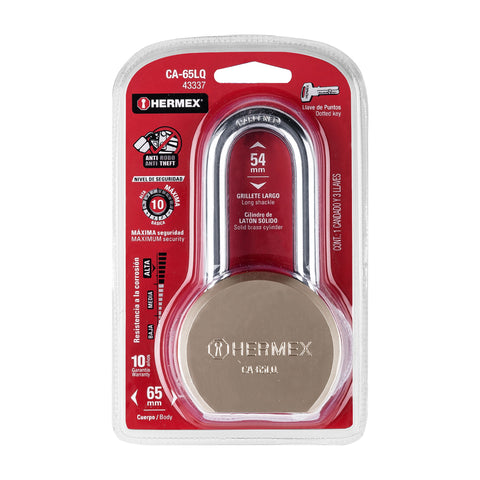 Candado redondo, 65mm, gancho largo, llave de puntos,blister | CA-65LQ | 43337