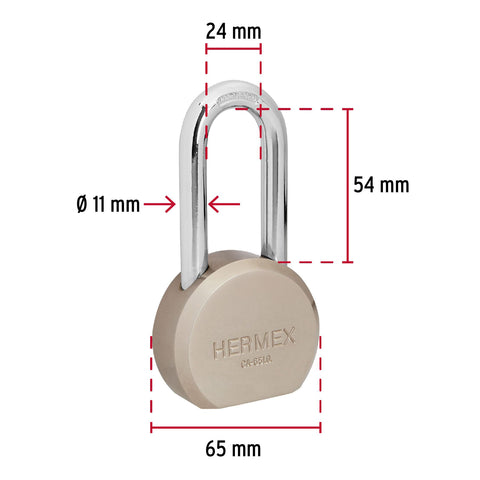 Candado redondo, 65mm, gancho largo, llave de puntos,blister | CA-65LQ | 43337