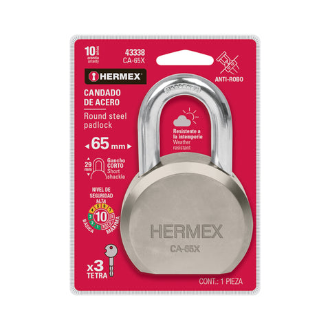 Candado redondo, 65mm, gancho corto, llave tetra, blister | CA-65X | 43338