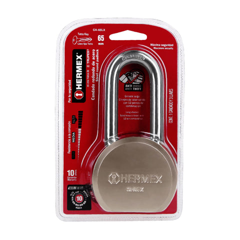 Candado redondo, 65mm, gancho largo, llave tetra, blister | CA-65LX | 43339