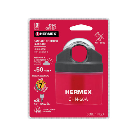 Candado de hierro 50 mm gancho protegido, llave anti-ganzúa | CHN-50A | 43340