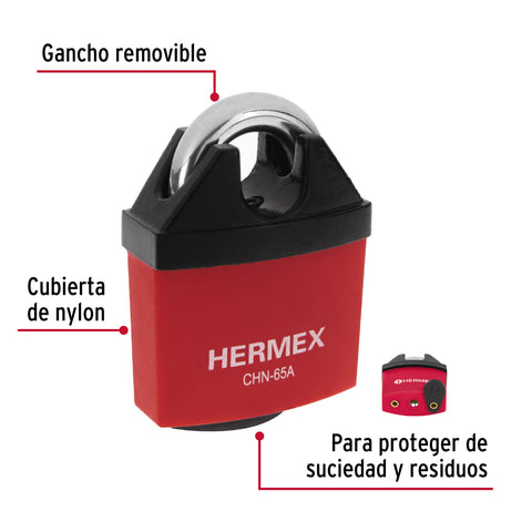 Candado de hierro 65 mm gancho protegido, llave anti-ganzúa | CHN-65A | 43341