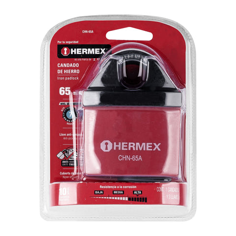 Candado de hierro 65 mm gancho protegido, llave anti-ganzúa | CHN-65A | 43341