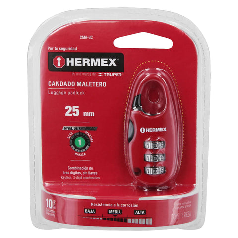 Candado maletero de combinación 25 mm, blíster, HERMEX | CMA-3C | 43350