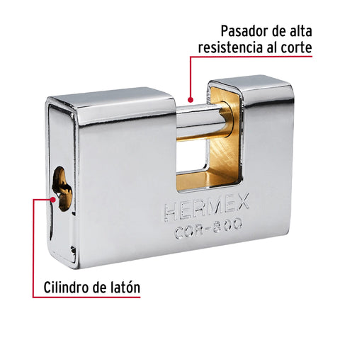 Candado antipalanca, 80mm, blindado, llave puntos, HERMEX | COR-80Q | 43352