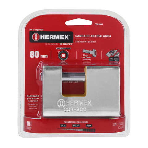 Candado antipalanca, 80mm, blindado, llave puntos, HERMEX | COR-80Q | 43352