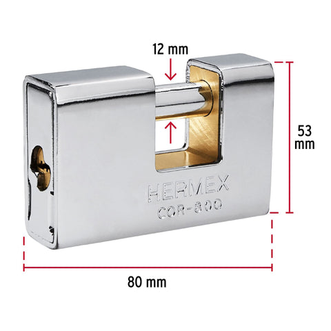 Candado antipalanca, 80mm, blindado, llave puntos, HERMEX | COR-80Q | 43352