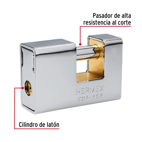 Candado antipalanca, 80mm, blindado, llave tetra, HERMEX | COR-80X | 43373
