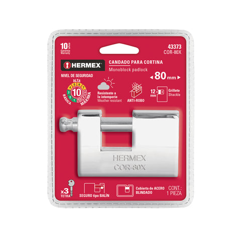 Candado antipalanca, 80mm, blindado, llave tetra, HERMEX | COR-80X | 43373