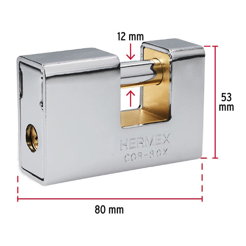 Candado antipalanca, 80mm, blindado, llave tetra, HERMEX | COR-80X | 43373