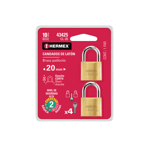 Blíster con 2 candados de latón de 20mm con gancho corto | CL-20 | 43425