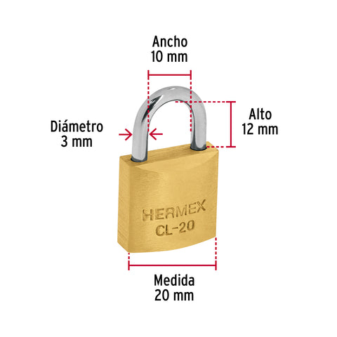 Blíster con 2 candados de latón de 20mm con gancho corto | CL-20 | 43425