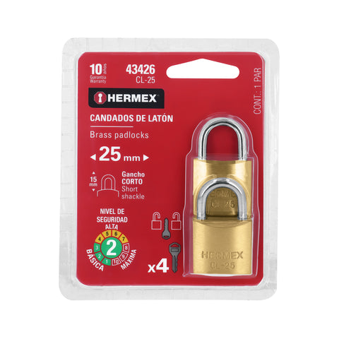Blíster con 2 candados de latón de 25mm con gancho corto | CL-25 | 43426
