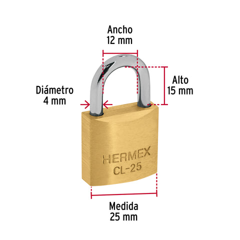 Blíster con 2 candados de latón de 25mm con gancho corto | CL-25 | 43426