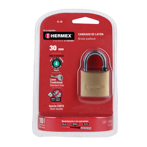 Candado de latón 30 mm gancho corto en blíster, HERMEX | CL-30 | 43427