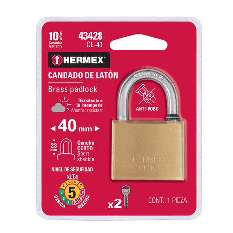 Candado de latón 40 mm gancho corto en blíster, HERMEX | CL-40 | 43428