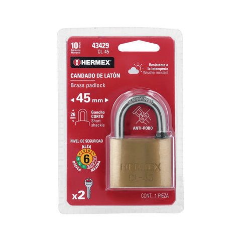 Candado de latón 45 mm gancho corto en blíster, HERMEX | CL-45 | 43429