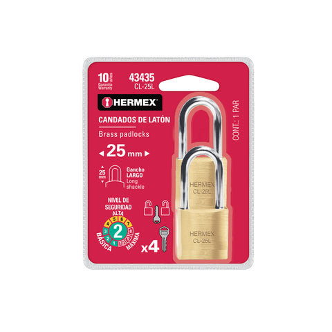 Blíster con 2 candados de latón de 25mm con gancho largo | CL-25L | 43435