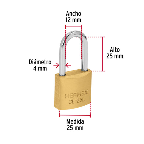 Blíster con 2 candados de latón de 25mm con gancho largo | CL-25L | 43435