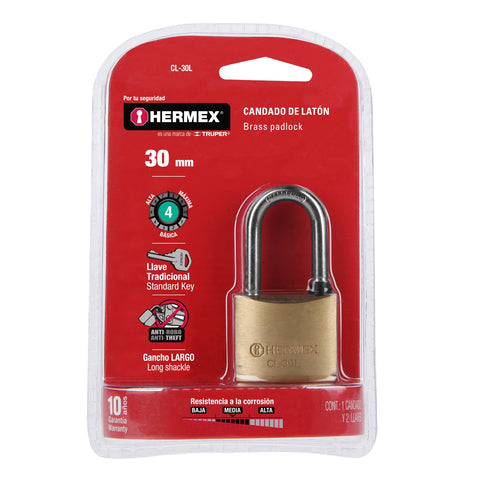 Candado de latón 30 mm gancho largo en blíster, HERMEX | CL-30L | 43436