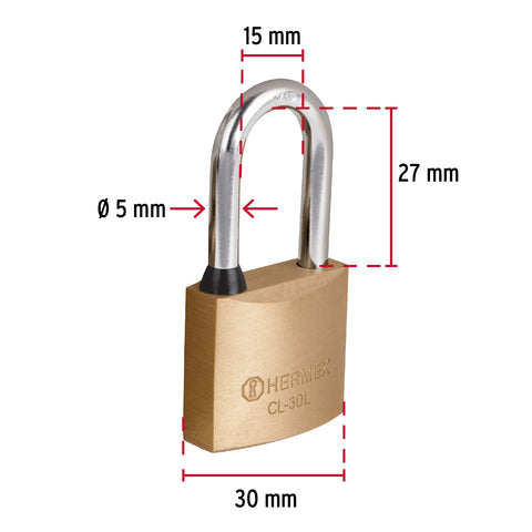 Candado de latón 30 mm gancho largo en blíster, HERMEX | CL-30L | 43436