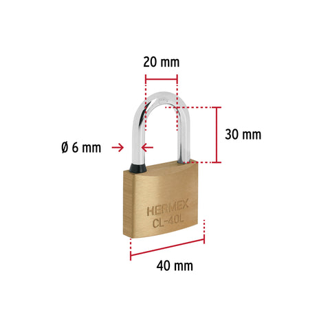 Candado de latón 40 mm gancho largo en blíster, HERMEX | CL-40L | 43437