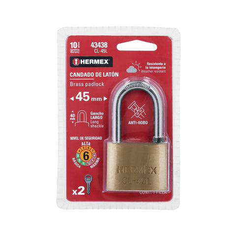 Candado de latón 45 mm gancho largo en blíster, HERMEX | CL-45L | 43438