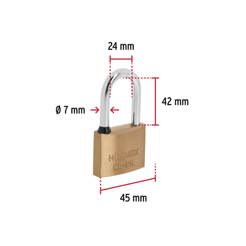 Candado de latón 45 mm gancho largo en blíster, HERMEX | CL-45L | 43438
