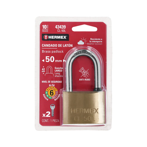 Candado de latón 50 mm gancho largo en blíster, HERMEX | CL-50L | 43439