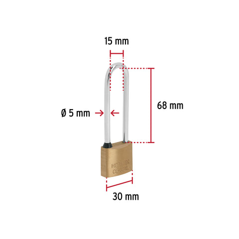 Candado de latón 30 mm gancho extra largo en blíster, HERMEX | CL-30XL | 43440