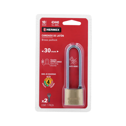 Candado de latón 30 mm gancho extra largo en blíster, HERMEX | CL-30XL | 43440