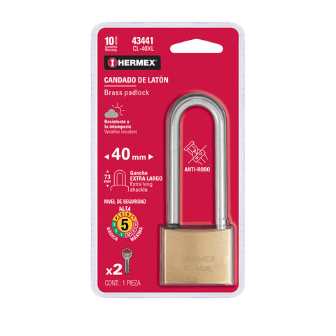 Candado de latón 40 mm gancho extra largo en blíster, HERMEX | CL-40XL | 43441
