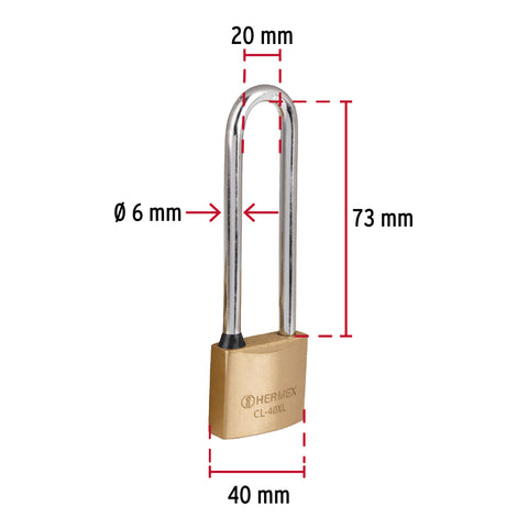 Candado de latón 40 mm gancho extra largo en blíster, HERMEX | CL-40XL | 43441