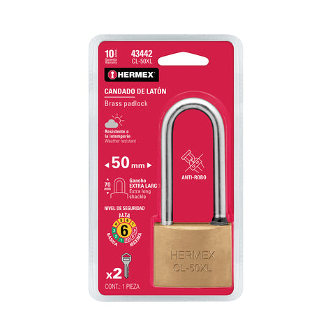 Candado de latón 50 mm gancho extra largo en blíster, HERMEX | CL-50XL | 43442