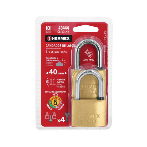 Blíster con 2 candados de latón de 40mm con gancho largo | CL-40LX2 | 43444