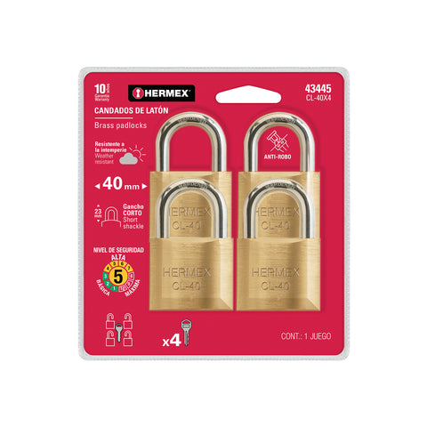 Blíster con 4 candados de latón de 40mm con gancho corto | CL-40X4 | 43445